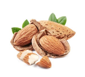Hakkımızda 4 Almonds nuts closeup on white backgrounds.
