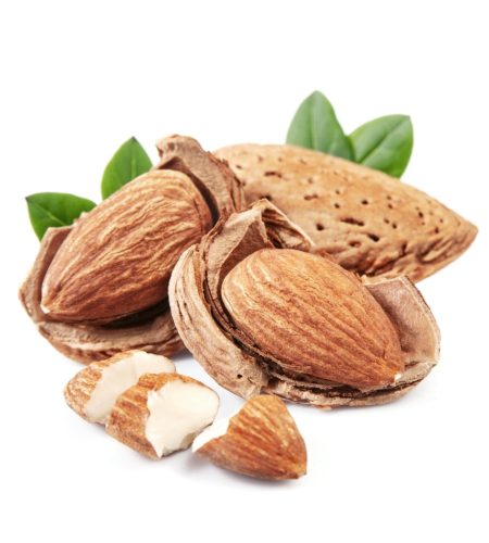 Almonds nuts closeup on white backgrounds.